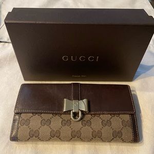 Gucci Monogram Wallet with Gold Bow Hardware